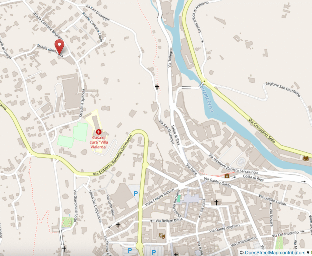 Mappa di Biella con strade e fiumi.